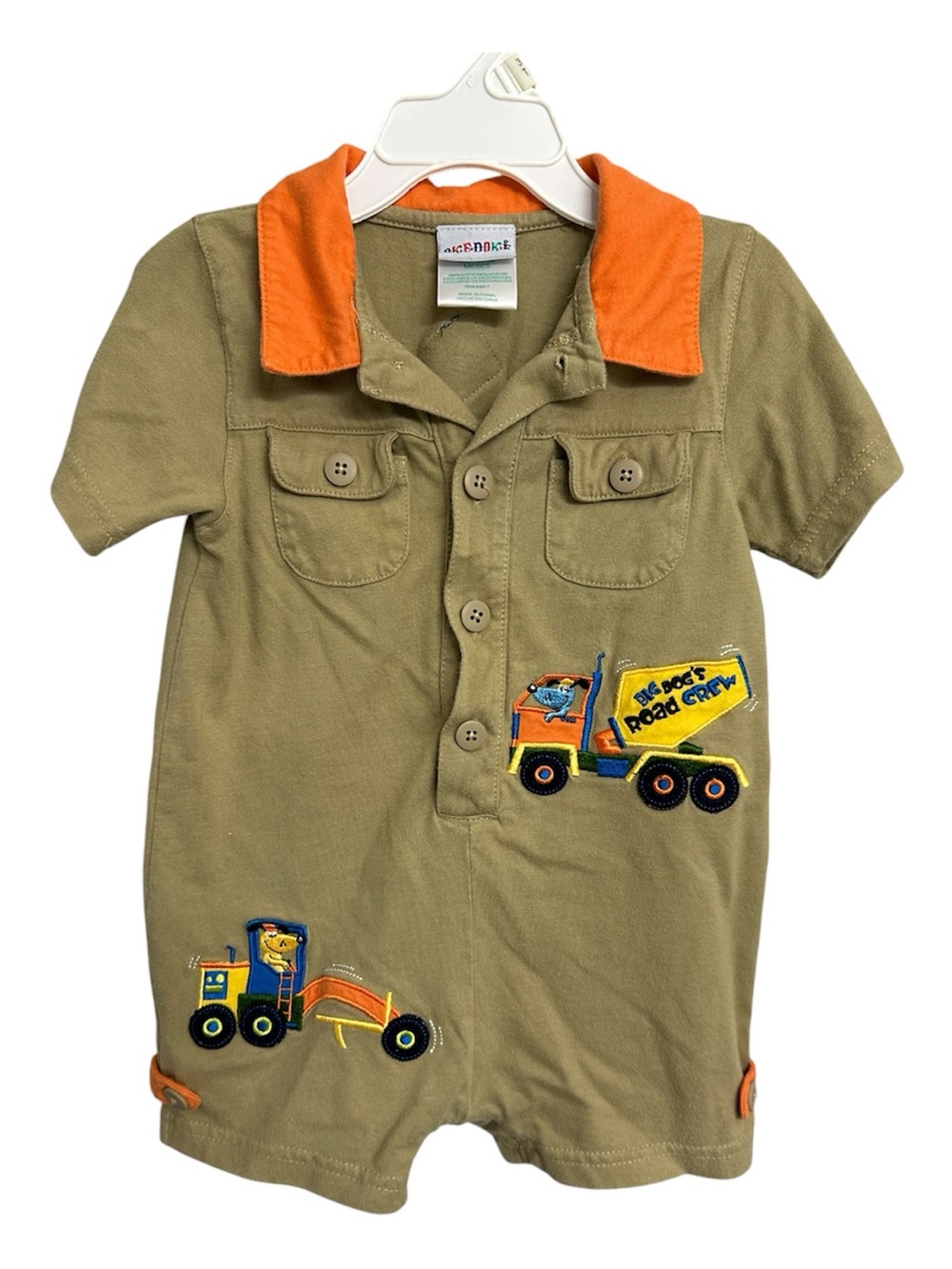 Tan & Orange Kids Short Romper with Construction Zone Appliqués-Size 18M